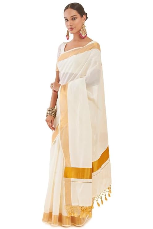 Women's Kerala Cotton Saree 3 inch Border - Gold