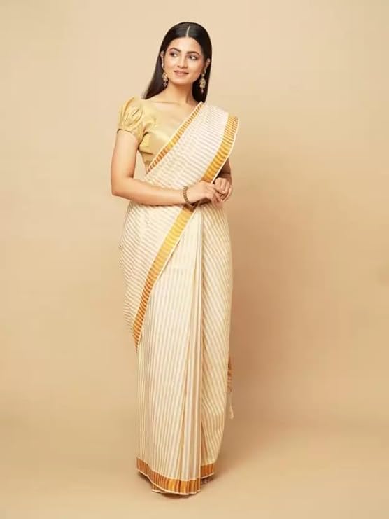 Women's Kerala Cotton Saree Golden Stripe Saree