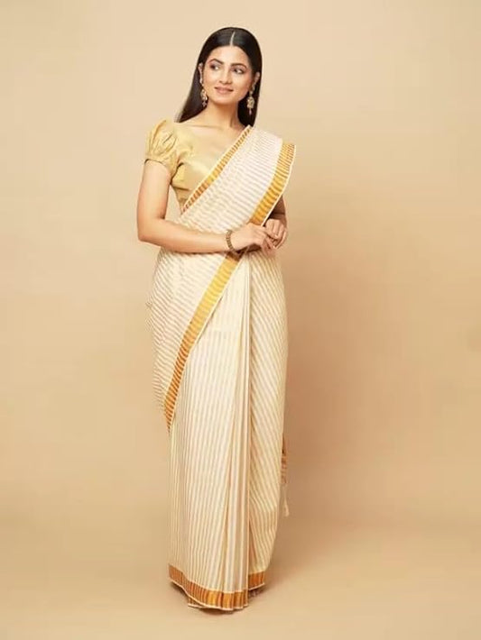 Women's Kerala Cotton Saree Golden Stripe Saree