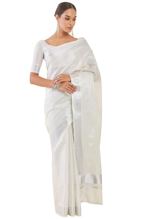 Women's Kerala Kasavu Tissue Saree - Silver