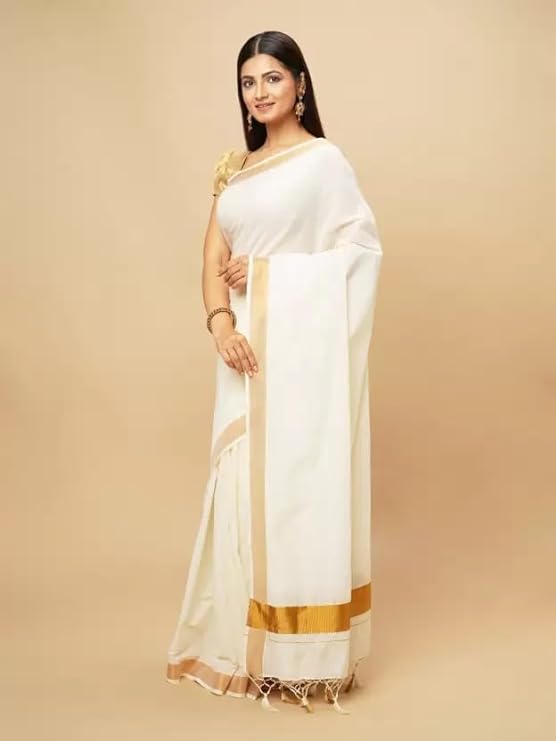 Women's Kerala Cotton Saree 2 inch Border - Gold
