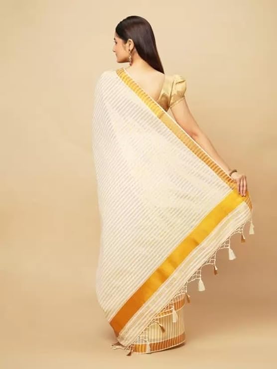 Women's Kerala Cotton Saree Golden Stripe Saree