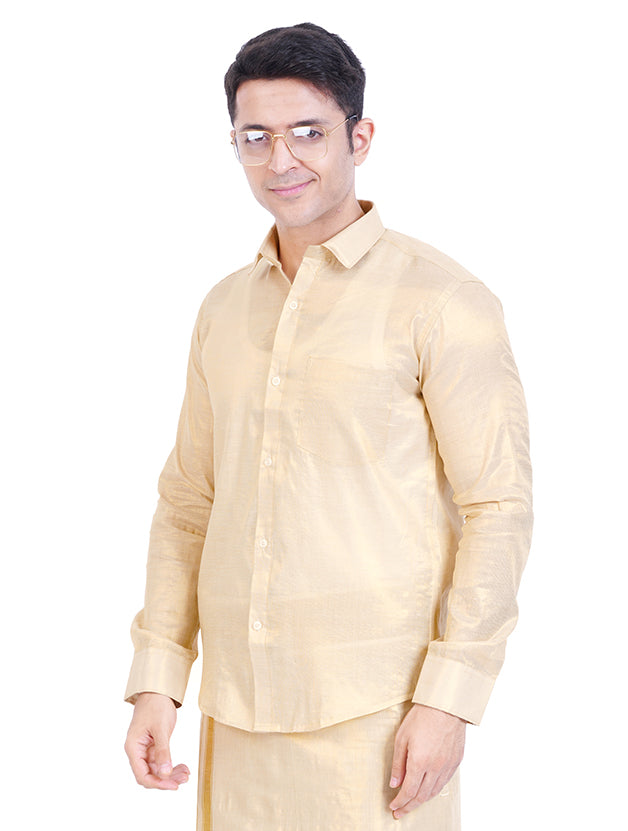 Fashily Men's Soft Tissue Ethnic Regular Fit Shirt - Gold Full Sleeve