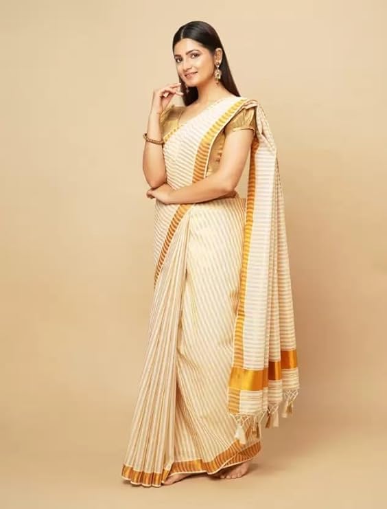 Women's Kerala Cotton Saree Golden Stripe Saree