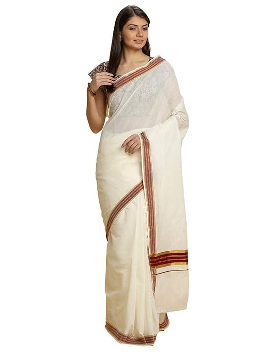 Women's Kerala Cotton Saree Colour Border - Maroon