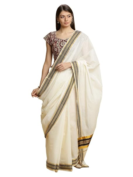 Women's Kerala Cotton Saree Colour Border - Black