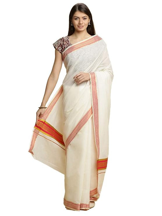 Women's Kerala Cotton Saree Colour Border - Red