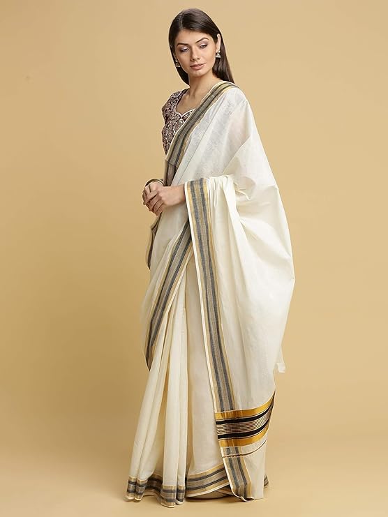 Women's Kerala Cotton Saree Colour Border - Black