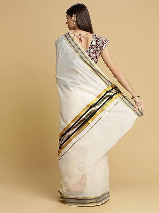 Women's Kerala Cotton Saree Colour Border - Black