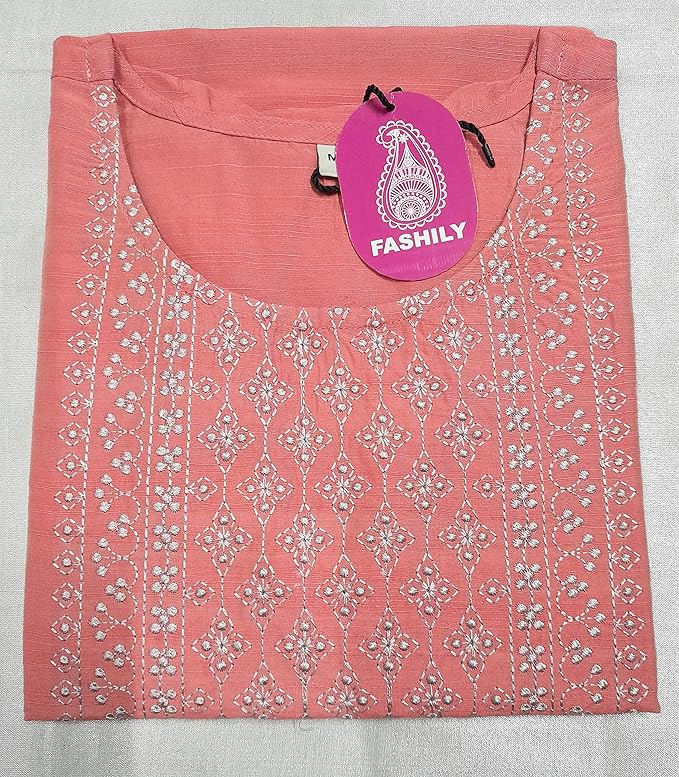 Women's Embroidery Slub Silk Kurti - Peach