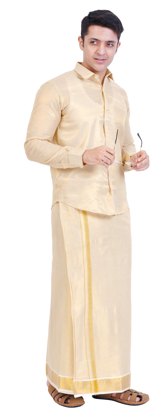Fashily Men's Traditional Indian Shirt and Dhoti Set, Full Sleeves Tissue Silk Cotton Shirt With Double Dhoti 4 metres for men - Gold Full Sleeve Shirt and Dhoti