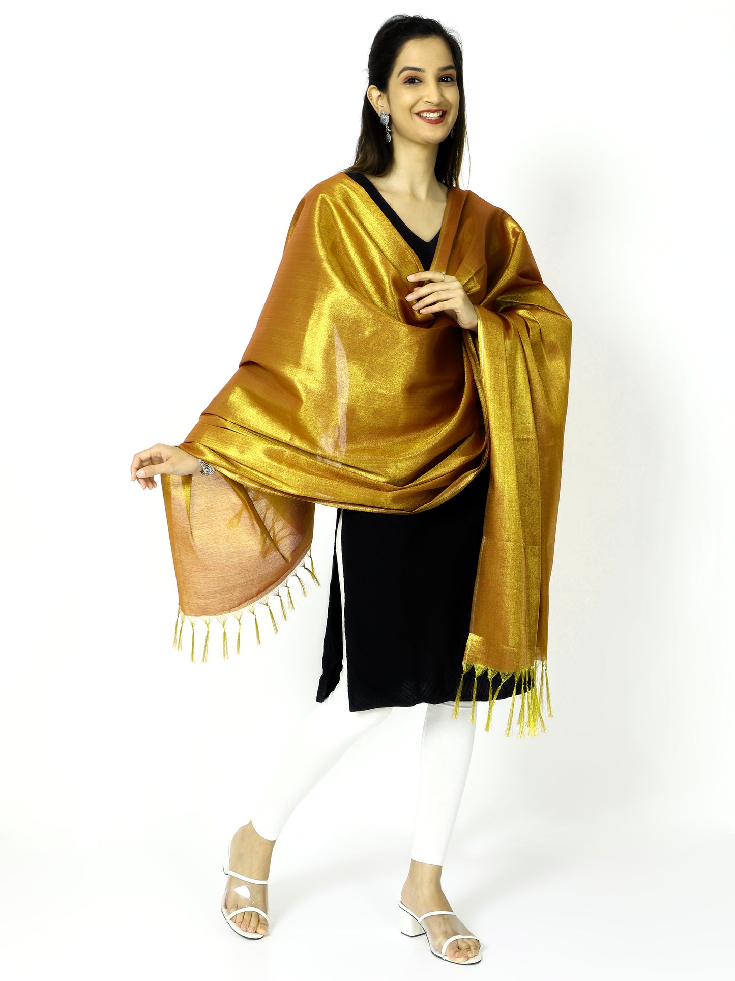 Women's Soild Silk Plain Dupatta - Gold/Gold