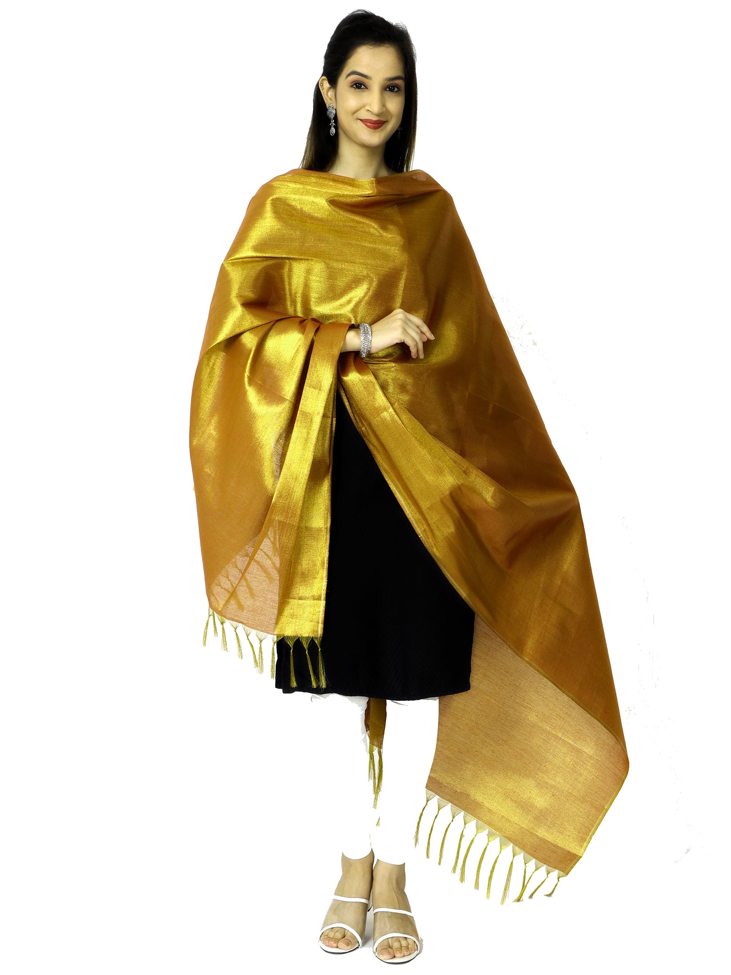 Women's Soild Silk Plain Dupatta - Gold/Gold