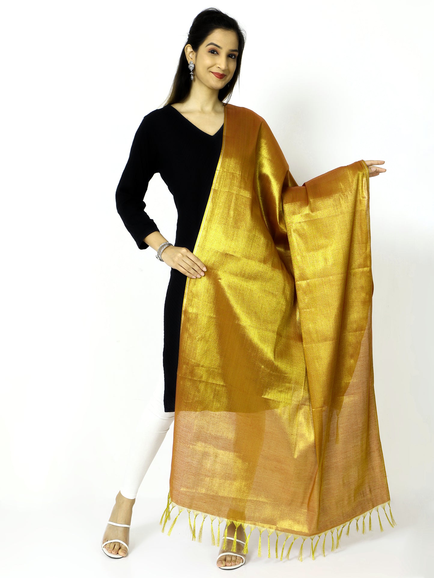 Women's Soild Silk Plain Dupatta - Gold/Gold