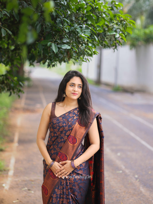 Fashily Elegant Navy Blue Saree with Jari Work and Red Meena Highlights