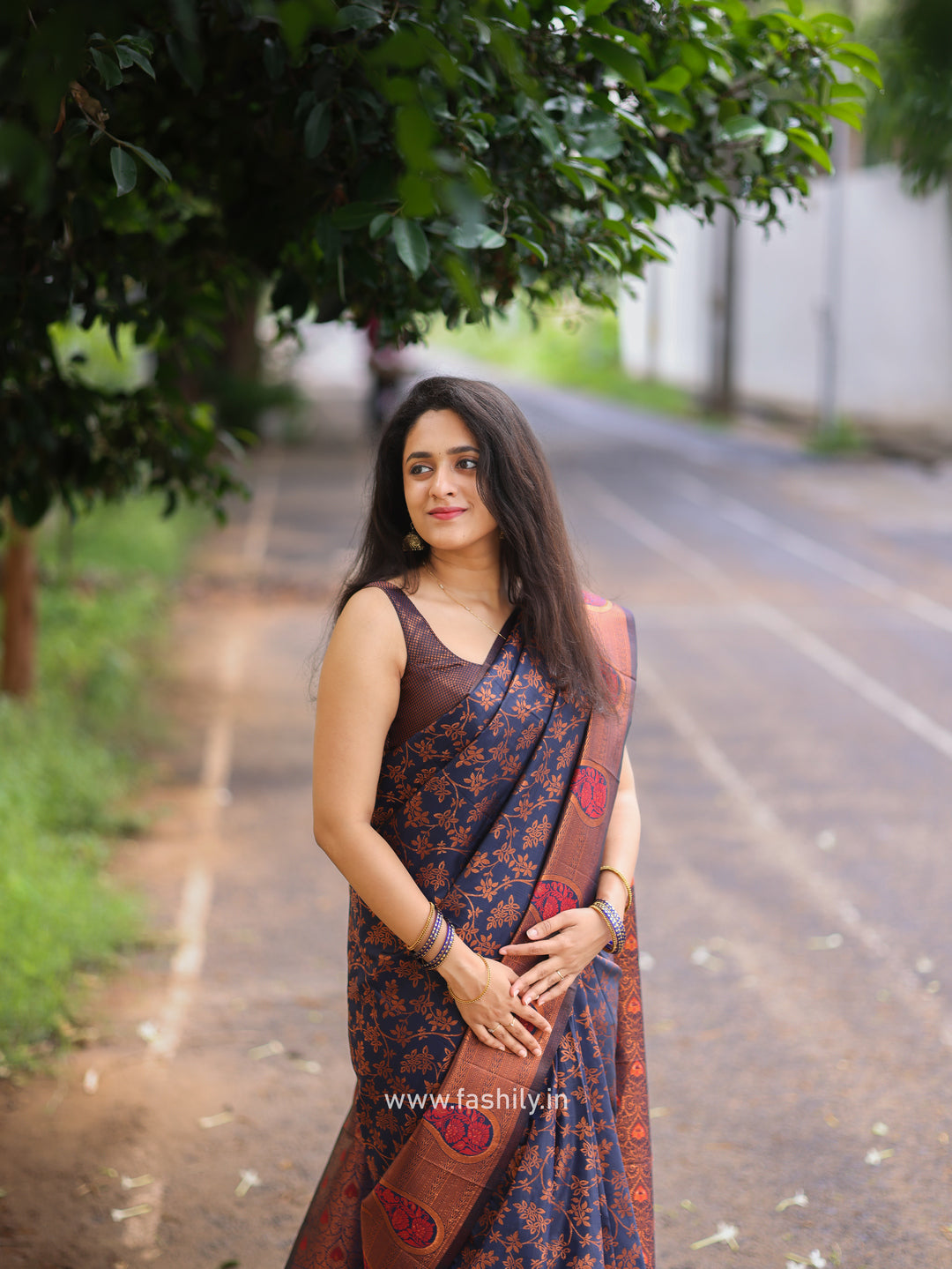 Fashily Elegant Navy Blue Saree with Jari Work and Red Meena Highlights
