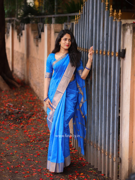 Fashily Brilliant Peacock Blue Kota Cotton Blend Saree with Running Blouse