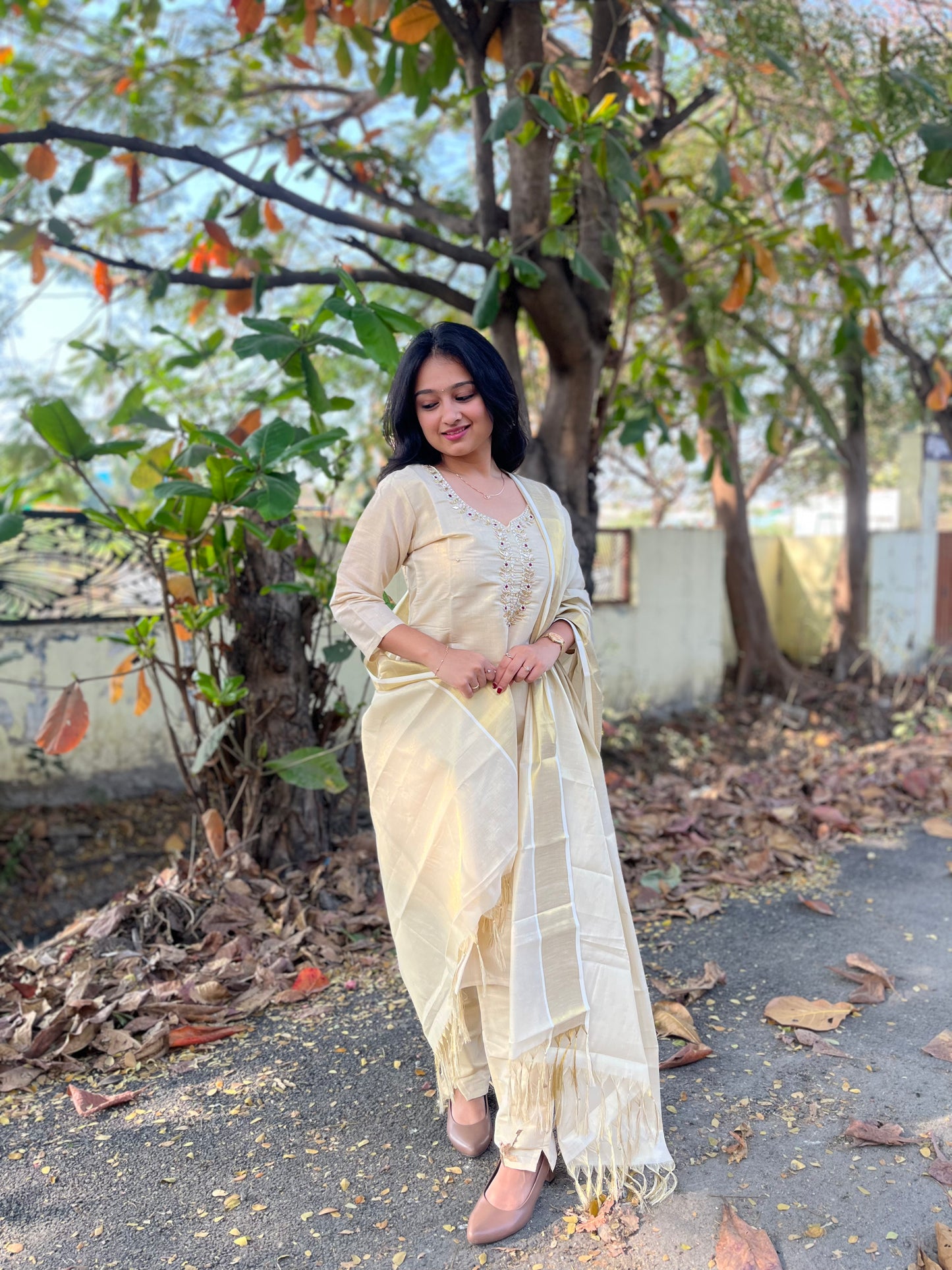 Fashily Tissue Hand Work Kurti Pant and Dupatta Set