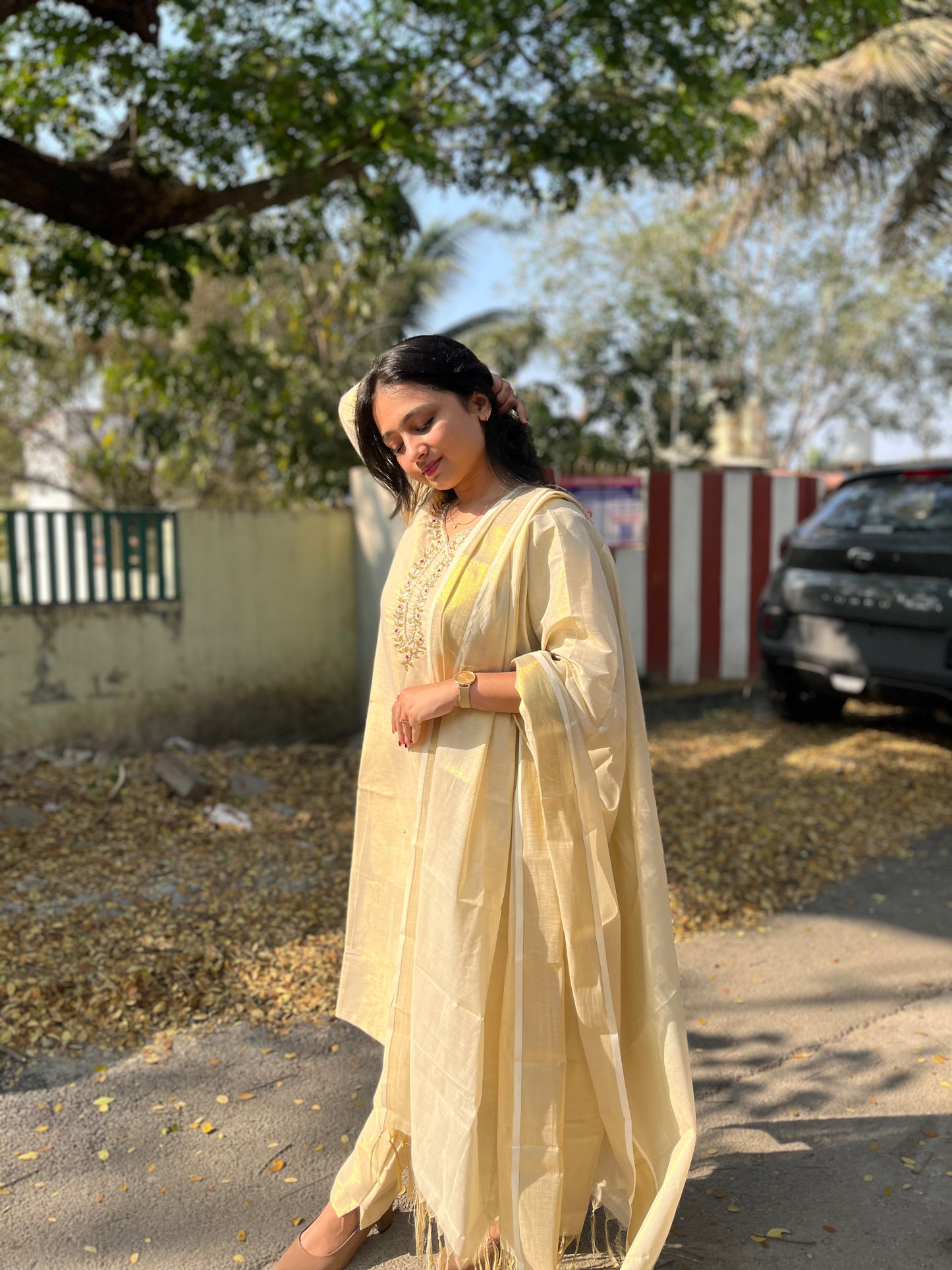 Fashily Tissue Hand Work Kurti Pant and Dupatta Set