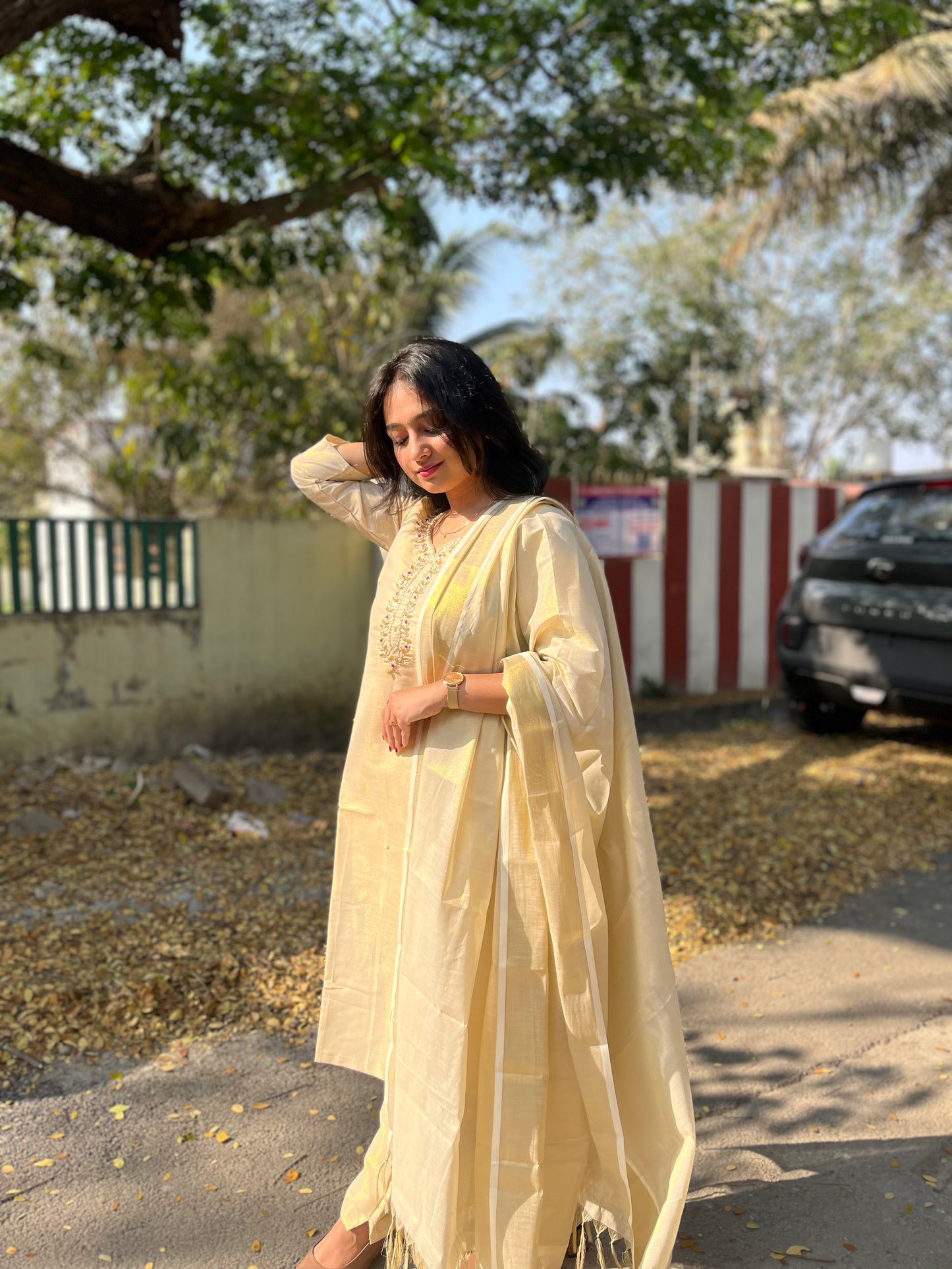 Fashily Tissue Hand Work Kurti Pant and Dupatta Set