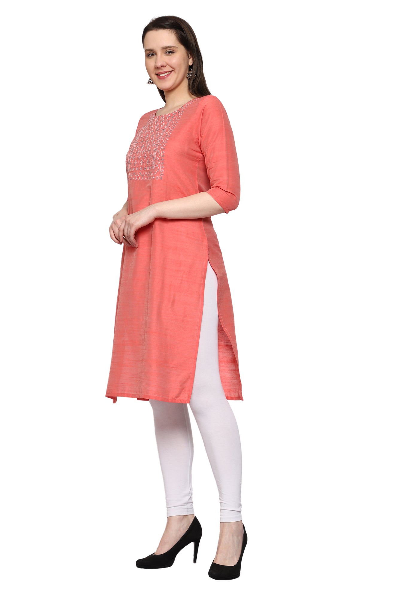Women's Embroidery Slub Silk Kurti - Peach