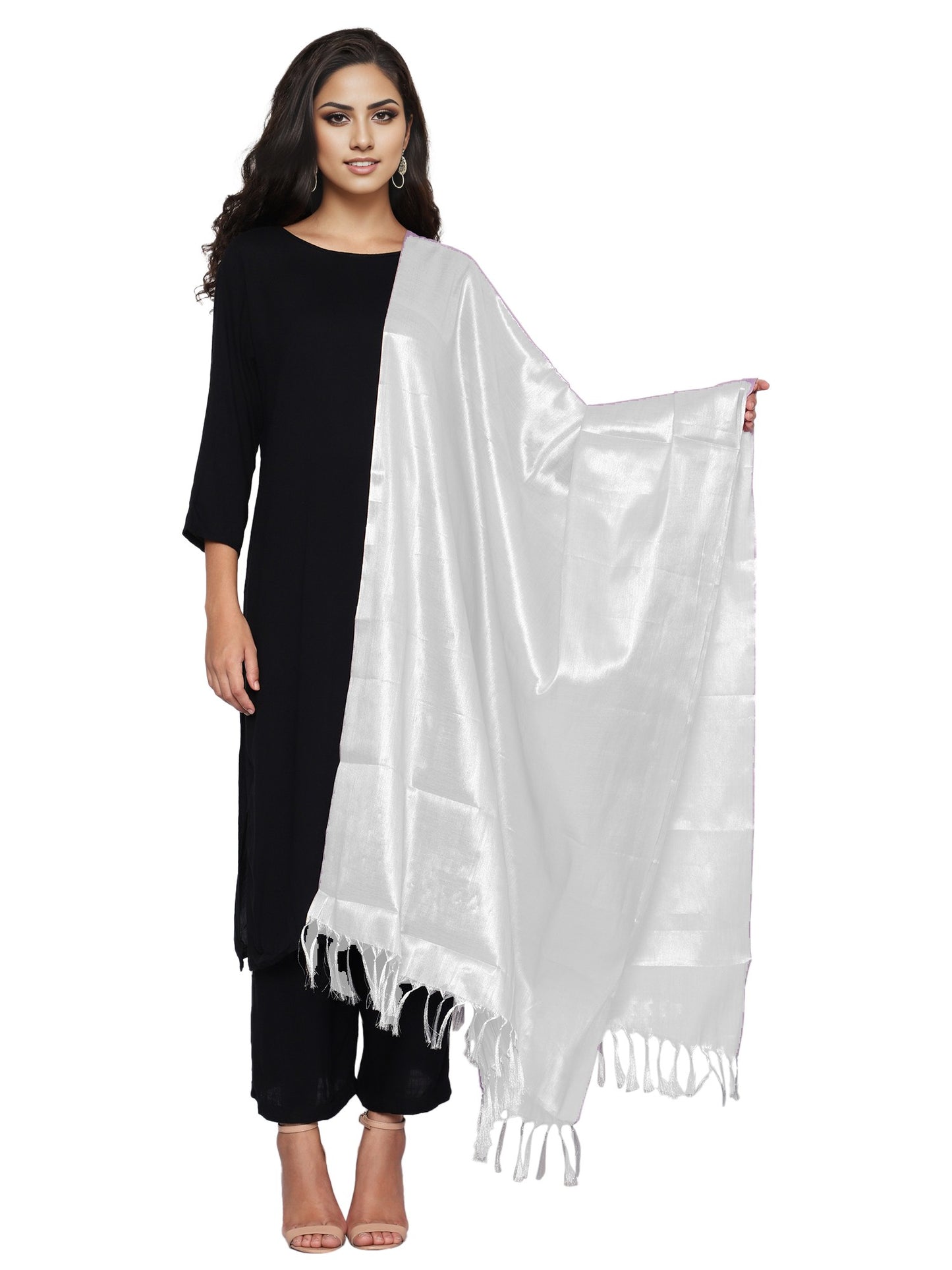 Women's Soild Silk Plain Dupatta - Silver/White