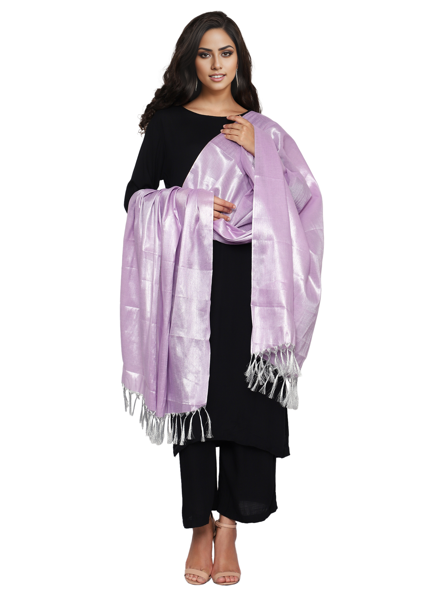 Women's Soild Silk Plain Dupatta - Silver/Light Lavender