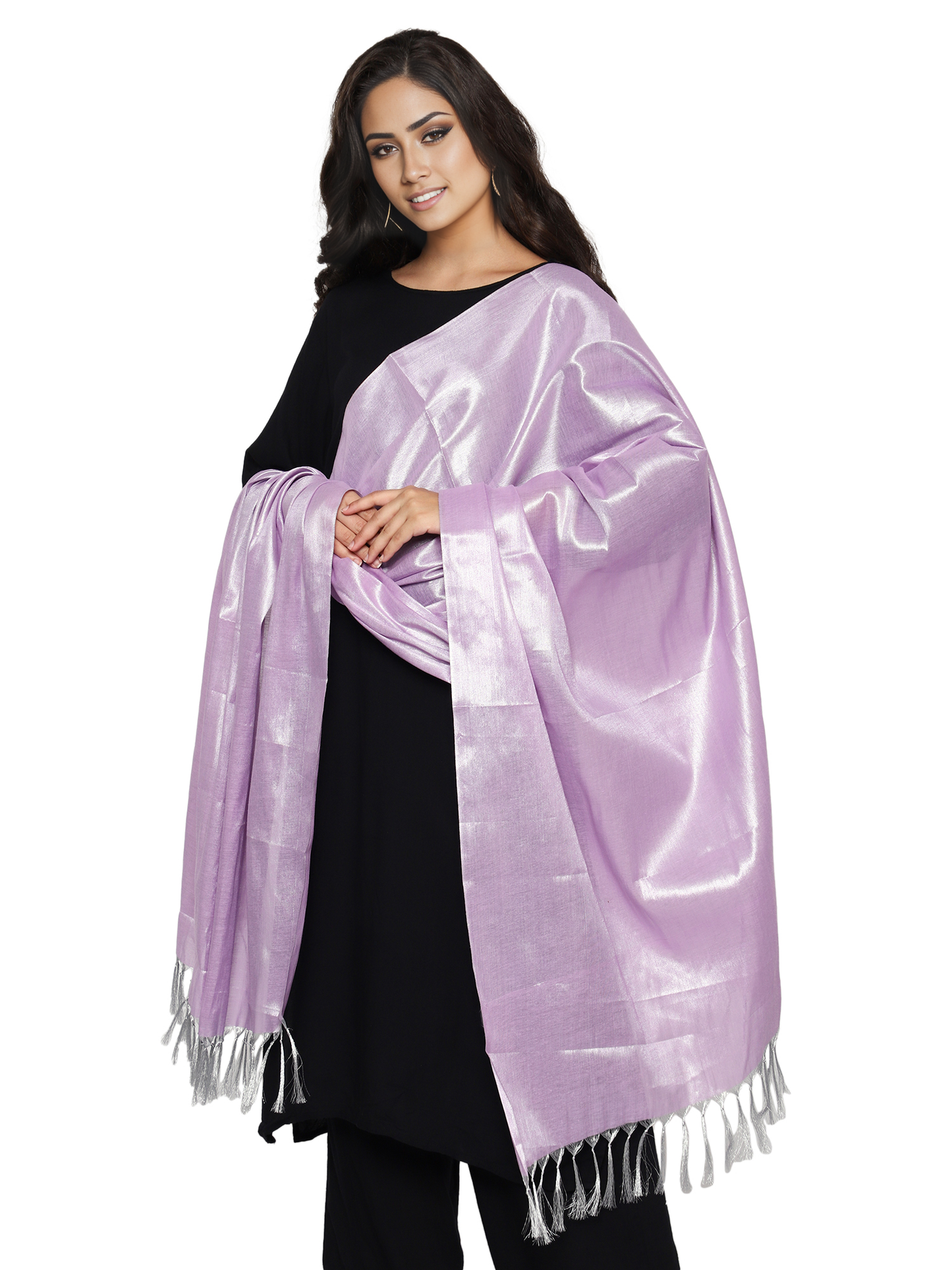 Women's Soild Silk Plain Dupatta - Silver/Light Lavender