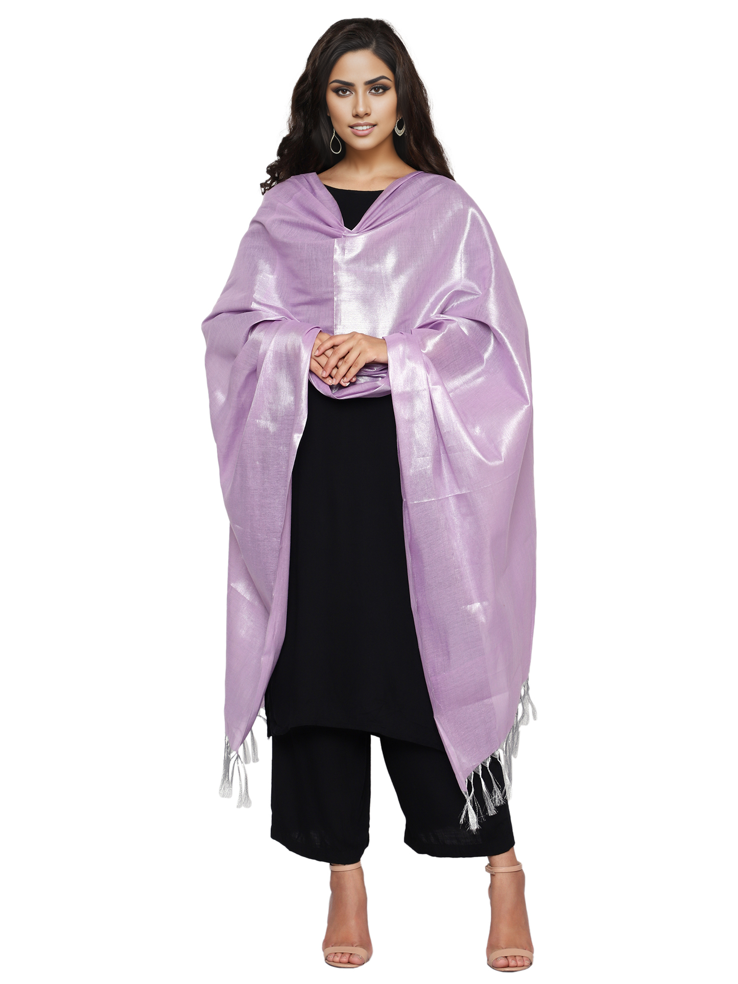 Women's Soild Silk Plain Dupatta - Silver/Light Lavender