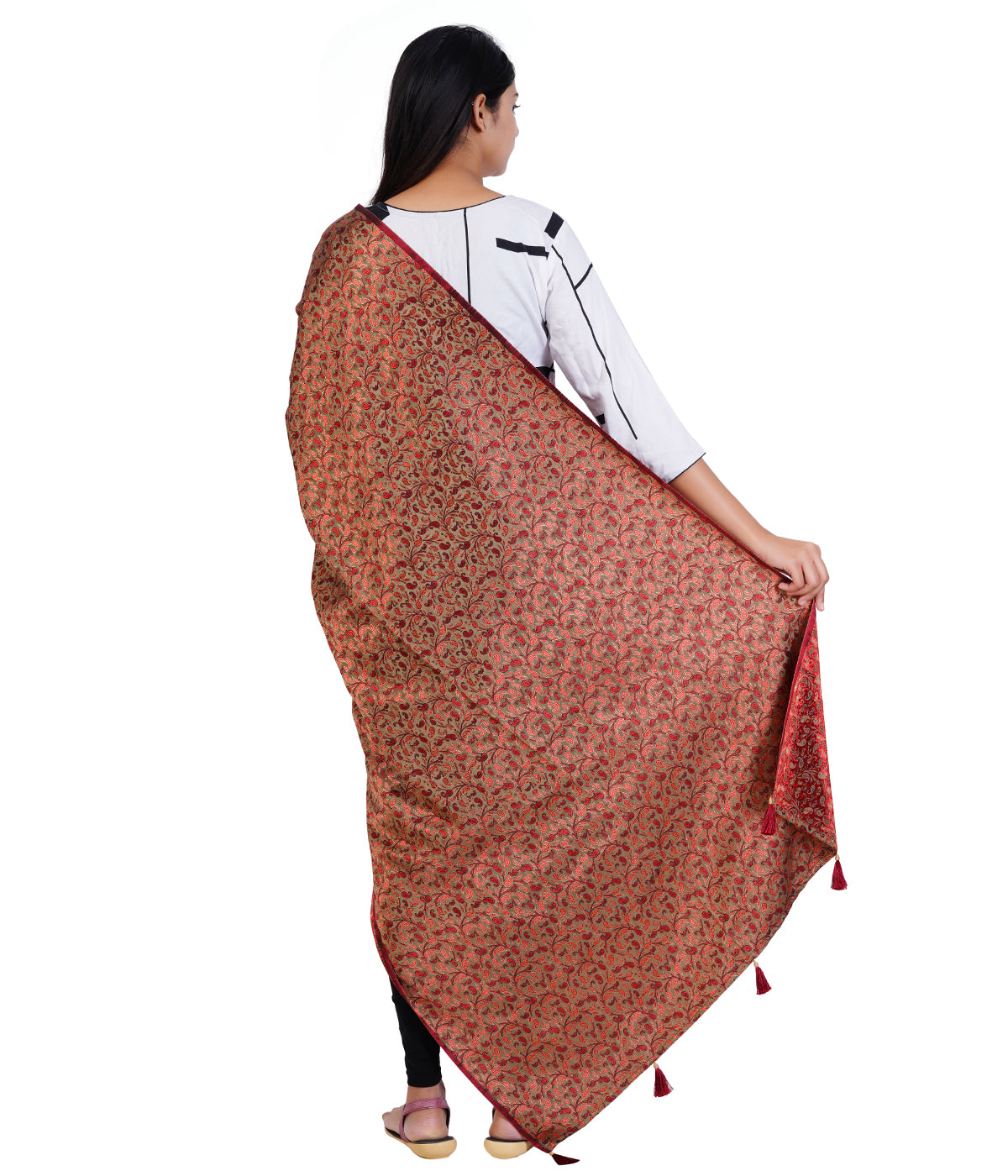 Women's Jacquard Floral Design Dupatta with Tassel Work - Maroon