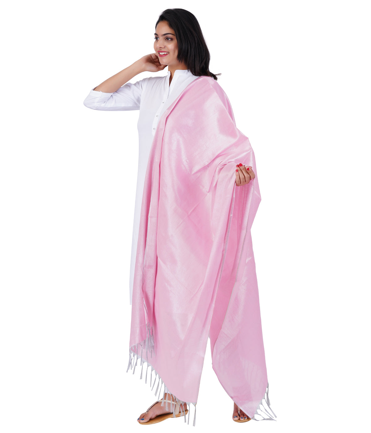 Women's Soild Silk Plain Dupatta - Silver/Light Pink