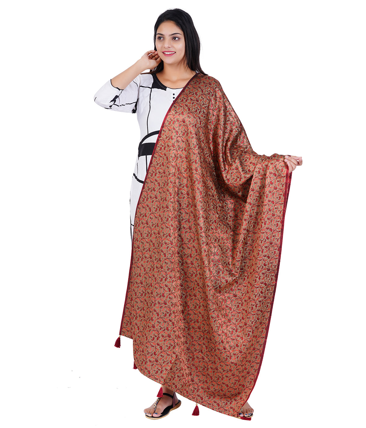 Women's Jacquard Floral Design Dupatta with Tassel Work - Maroon