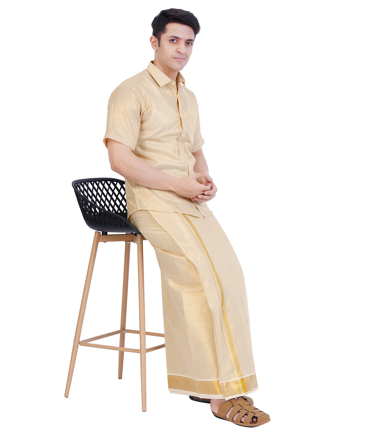 Fashily Men's Traditional Indian Shirt and Dhoti Set, Half Sleeves Tissue Silk Cotton Shirt With Double Dhoti 4 metres for men - Gold Half Sleeve Shirt and Dhoti