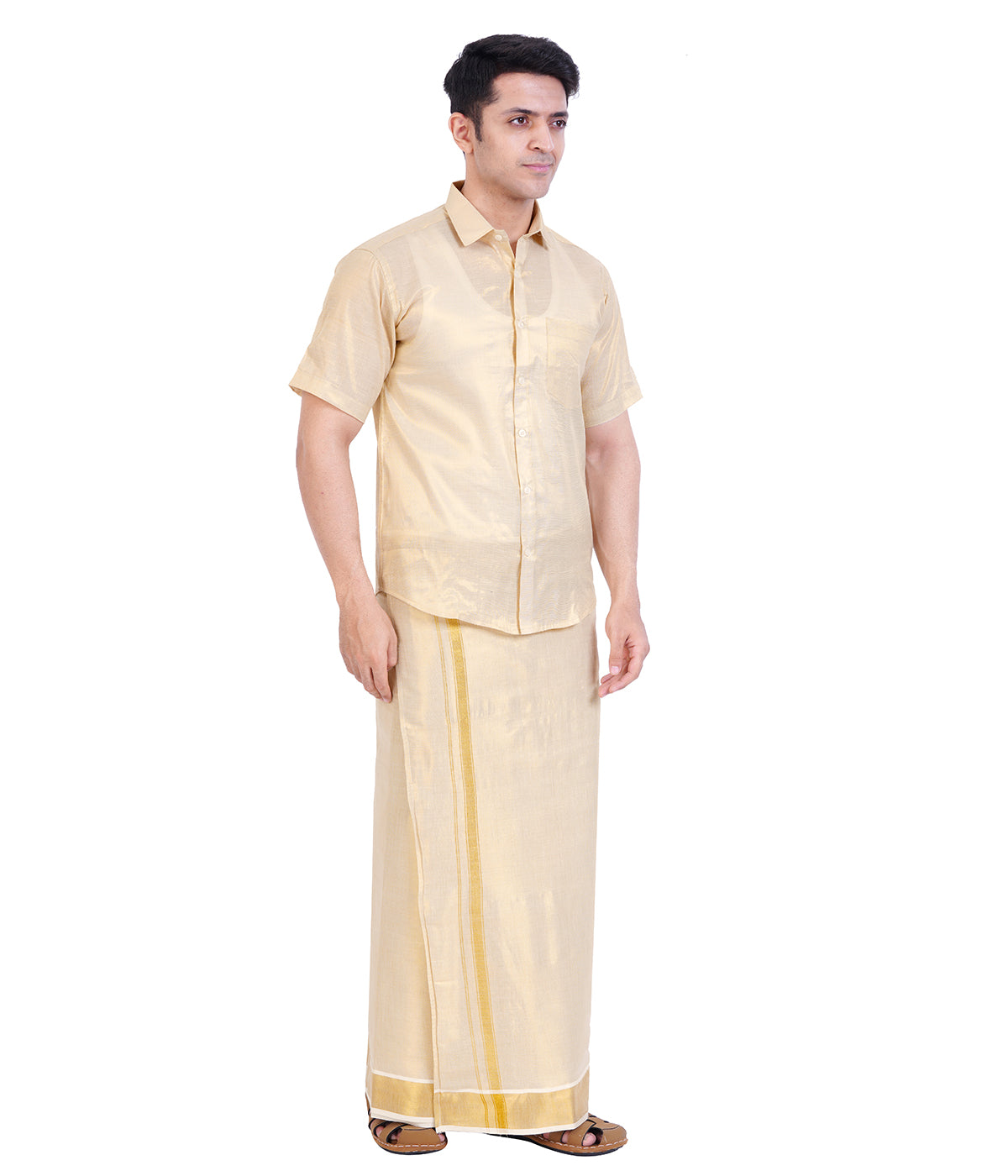 Fashily Men's Traditional Indian Shirt and Dhoti Set, Half Sleeves Tissue Silk Cotton Shirt With Double Dhoti 4 metres for men - Gold Half Sleeve Shirt and Dhoti