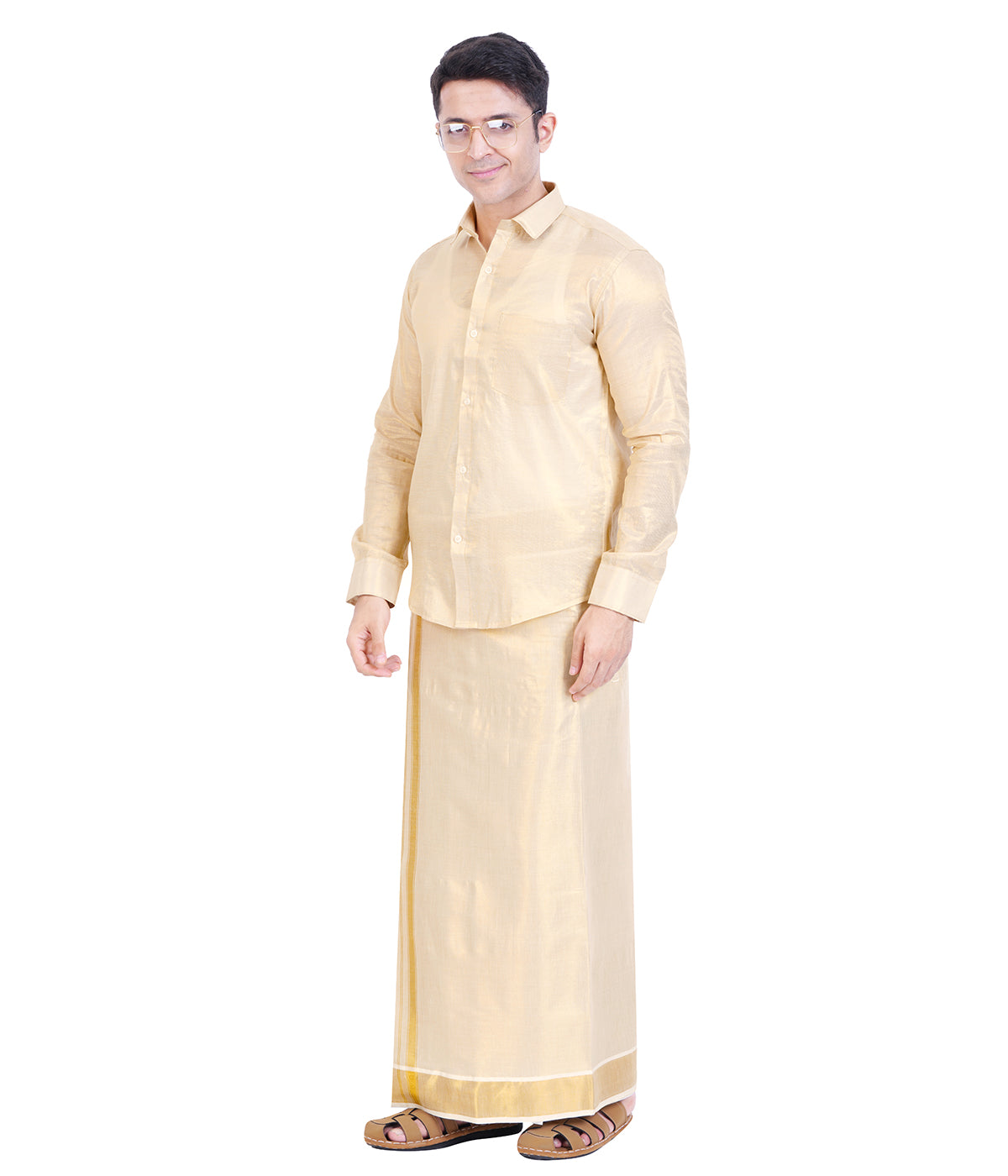 Fashily Men's Traditional Indian Shirt and Dhoti Set, Full Sleeves Tissue Silk Cotton Shirt With Double Dhoti 4 metres for men - Gold Full Sleeve Shirt and Dhoti