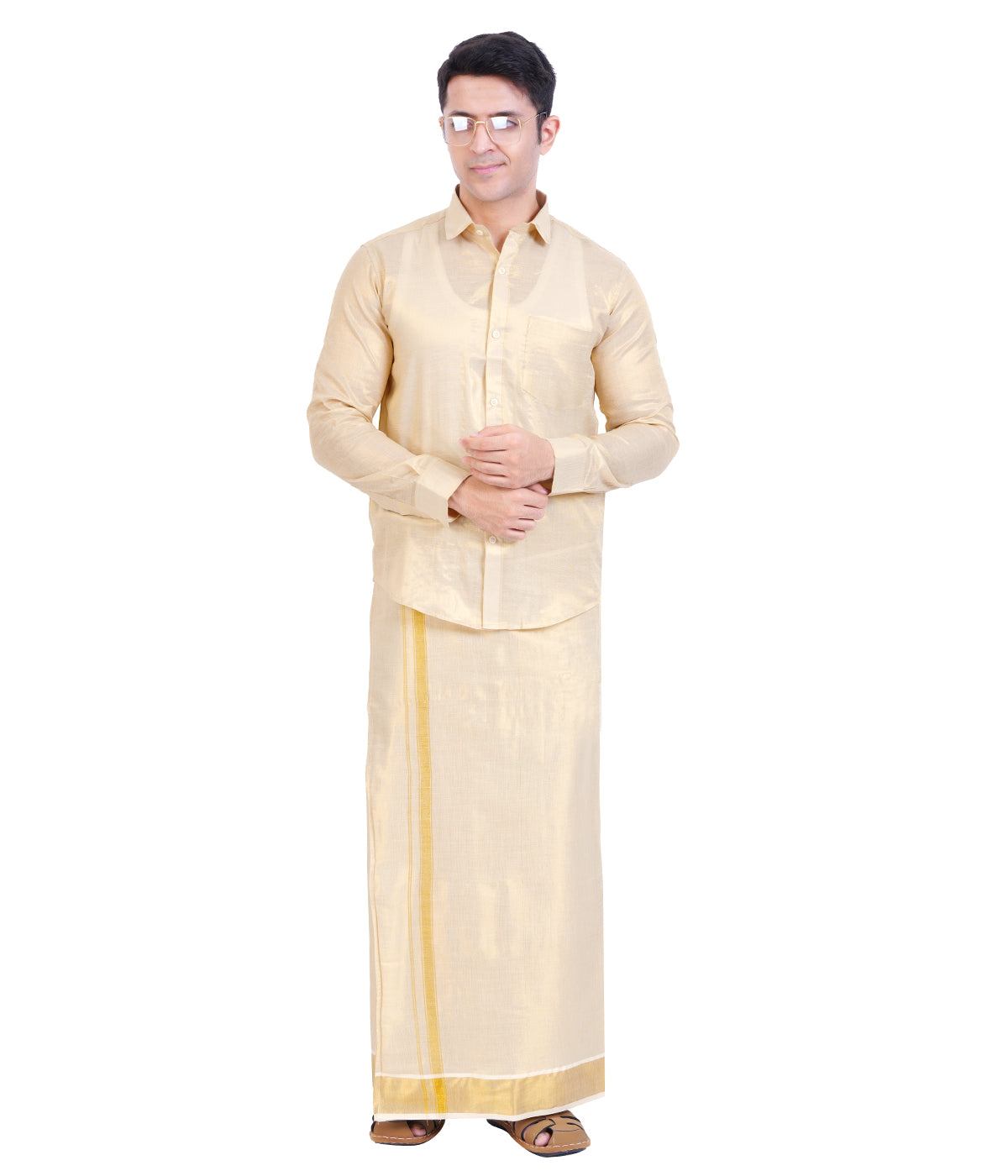 Fashily Men's Traditional Indian Shirt and Dhoti Set, Full Sleeves Tissue Silk Cotton Shirt With Double Dhoti 4 metres for men - Gold Full Sleeve Shirt and Dhoti