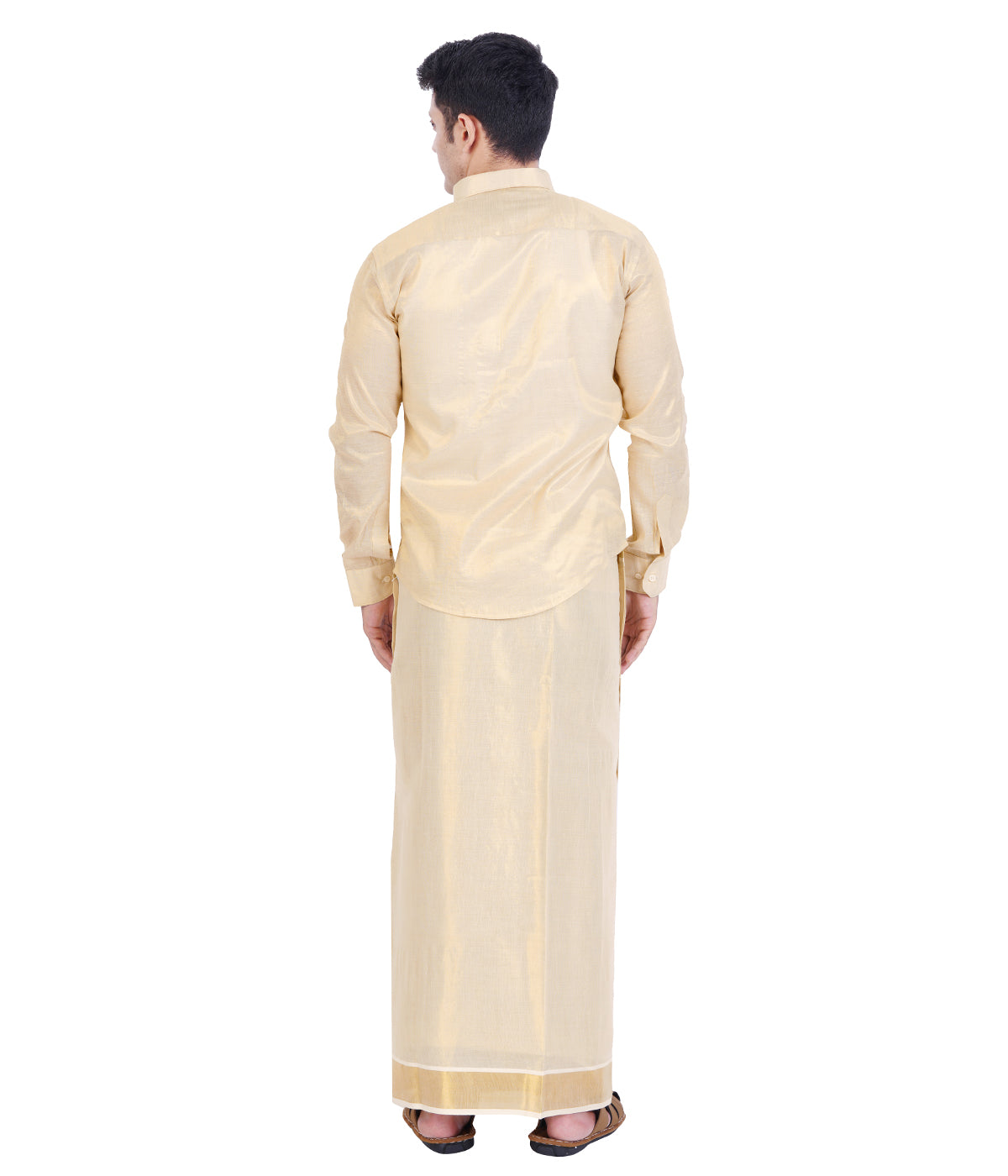 Fashily Men's Traditional Indian Shirt and Dhoti Set, Full Sleeves Tissue Silk Cotton Shirt With Double Dhoti 4 metres for men - Gold Full Sleeve Shirt and Dhoti