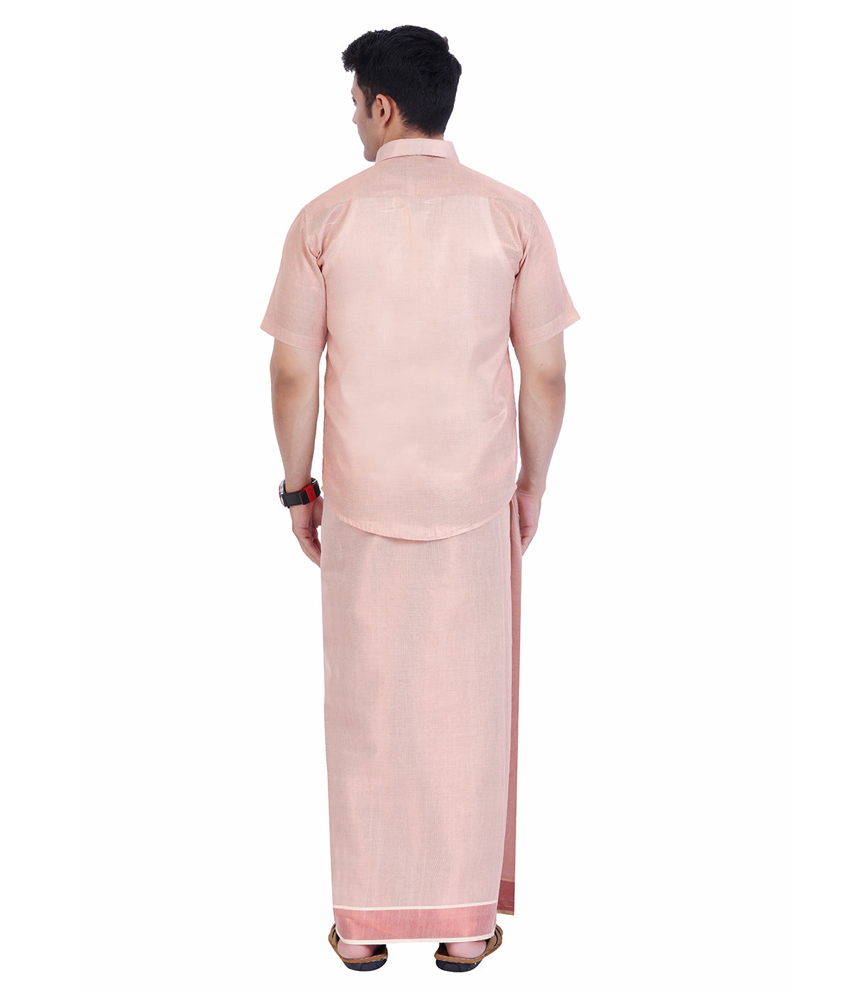 Fashily Men's Traditional Indian Shirt and Dhoti Set, Half Sleeves Tissue Silk Cotton Shirt With Double Dhoti 4 metres for men - Copper Half Sleeve Shirt and Dhoti