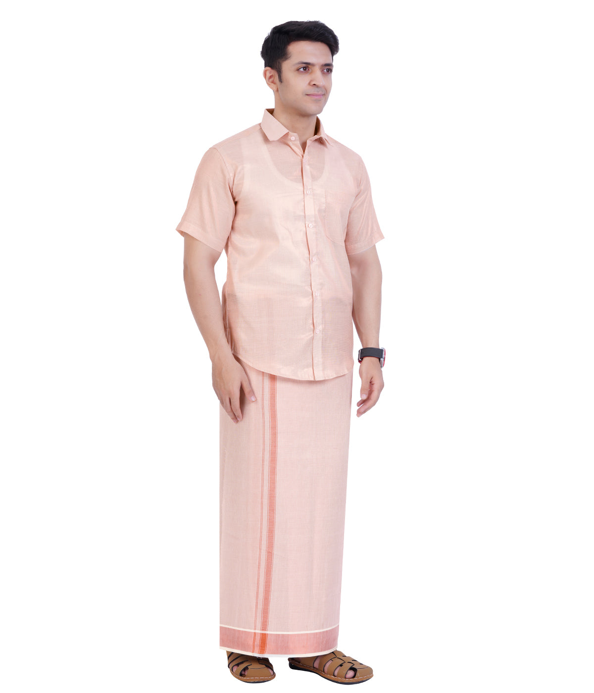 Fashily Men's Traditional Indian Shirt and Dhoti Set, Half Sleeves Tissue Silk Cotton Shirt With Double Dhoti 4 metres for men - Copper Half Sleeve Shirt and Dhoti