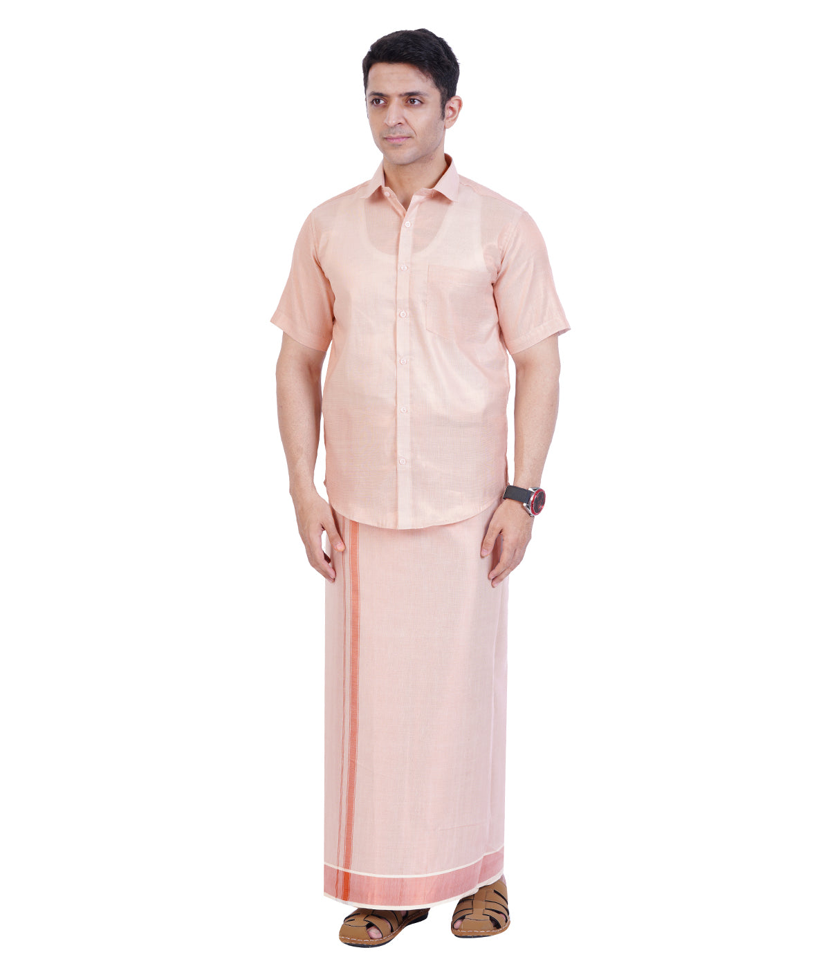 Fashily Men's Traditional Indian Shirt and Dhoti Set, Half Sleeves Tissue Silk Cotton Shirt With Double Dhoti 4 metres for men - Copper Half Sleeve Shirt and Dhoti