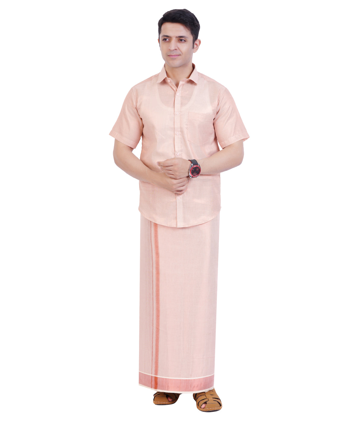 Fashily Men's Traditional Indian Shirt and Dhoti Set, Half Sleeves Tissue Silk Cotton Shirt With Double Dhoti 4 metres for men - Copper Half Sleeve Shirt and Dhoti