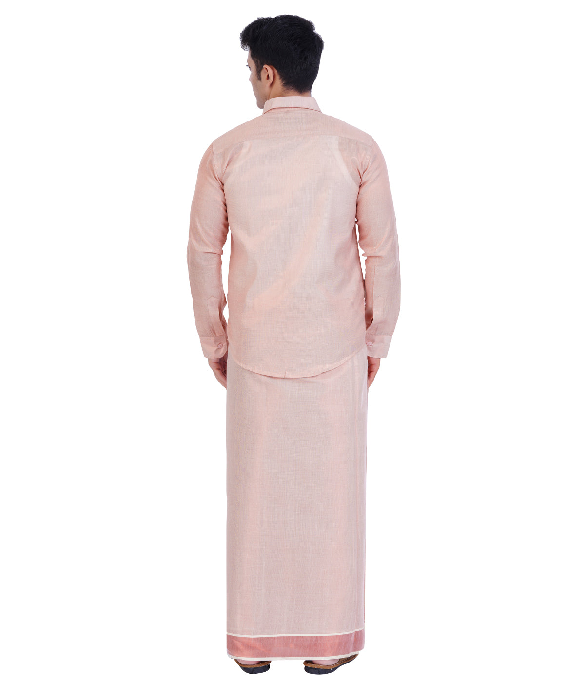 Fashily Men's Traditional Indian Shirt and Dhoti Set, Full Sleeves Tissue Silk Cotton Shirt With Double Dhoti 4 metres for men - Copper Full Sleeve Shirt and Dhoti