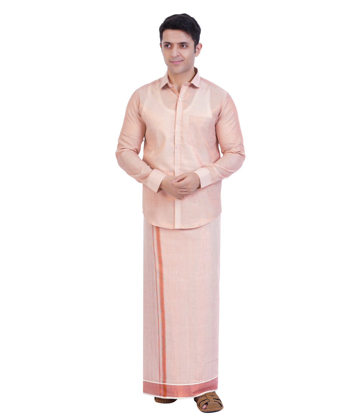 Fashily Men's Traditional Indian Shirt and Dhoti Set, Full Sleeves Tissue Silk Cotton Shirt With Double Dhoti 4 metres for men - Copper Full Sleeve Shirt and Dhoti