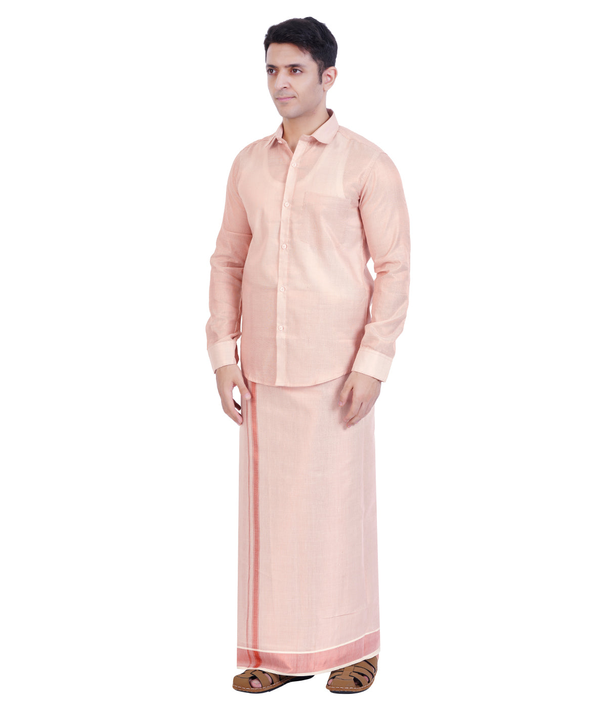Fashily Men's Traditional Indian Shirt and Dhoti Set, Full Sleeves Tissue Silk Cotton Shirt With Double Dhoti 4 metres for men - Copper Full Sleeve Shirt and Dhoti