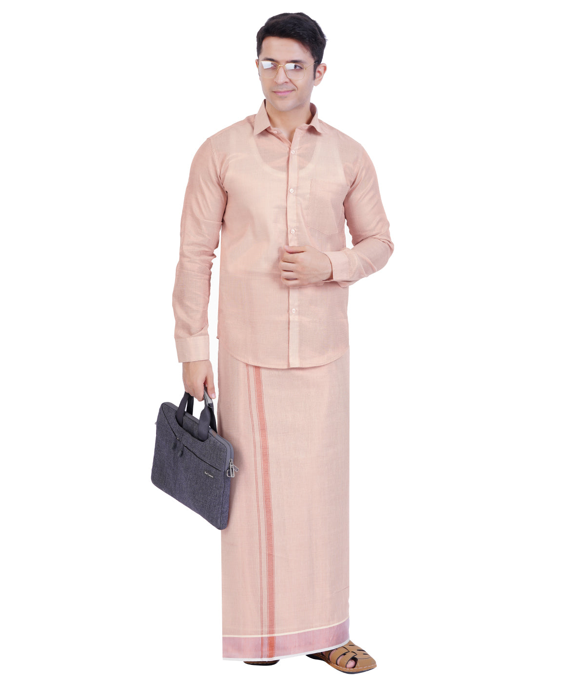 Fashily Men's Traditional Indian Shirt and Dhoti Set, Full Sleeves Tissue Silk Cotton Shirt With Double Dhoti 4 metres for men - Copper Full Sleeve Shirt and Dhoti