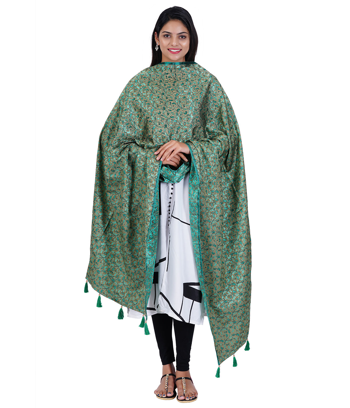 Women's Jacquard Floral Design Dupatta with Tassel Work - Green