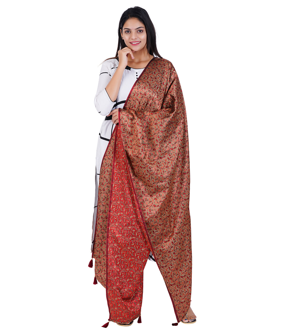 Women's Jacquard Floral Design Dupatta with Tassel Work - Maroon