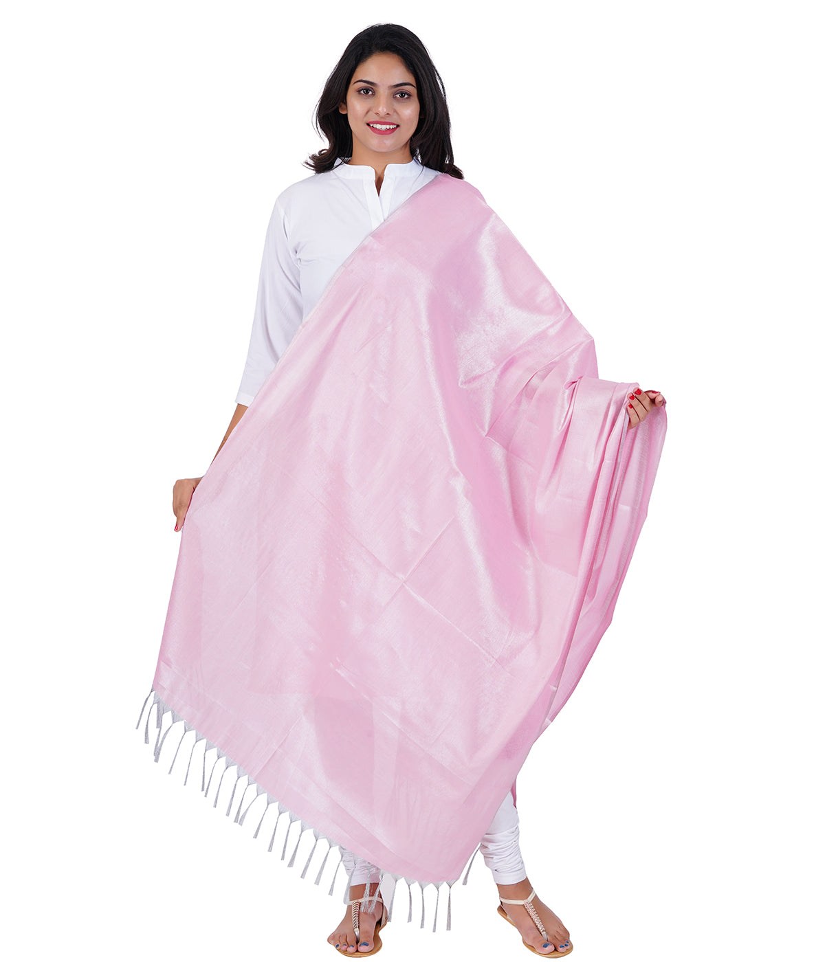 Women's Soild Silk Plain Dupatta - Silver/Light Pink