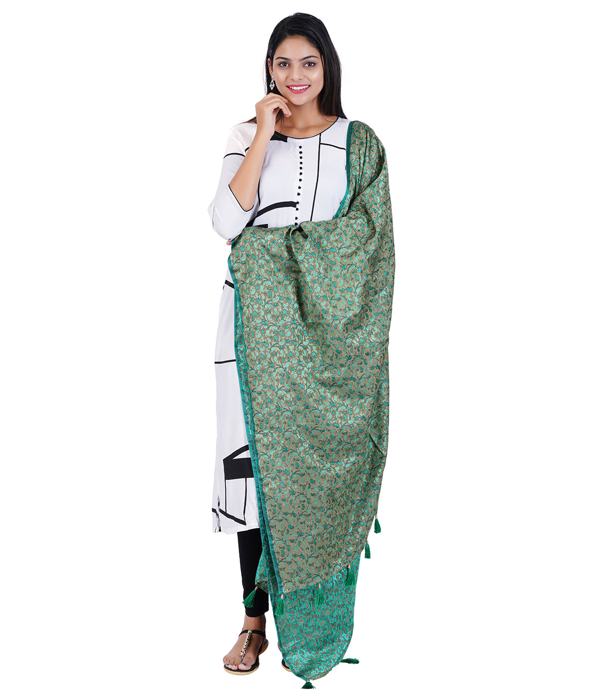 Women's Jacquard Floral Design Dupatta with Tassel Work - Green