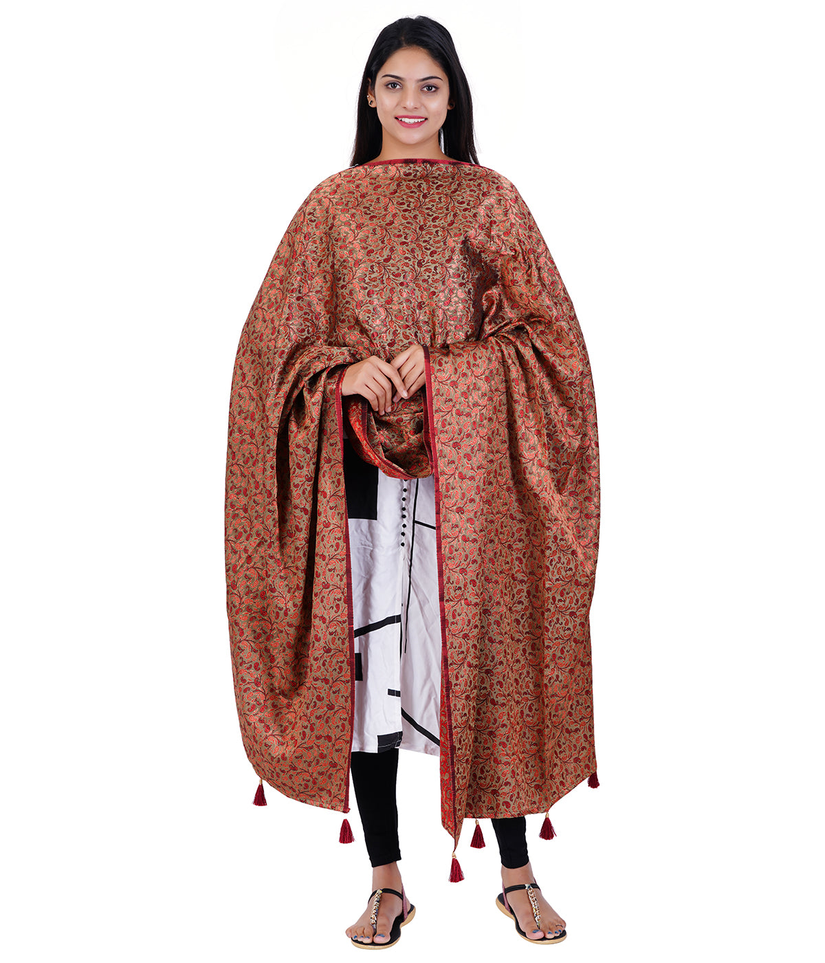 Women's Jacquard Floral Design Dupatta with Tassel Work - Maroon